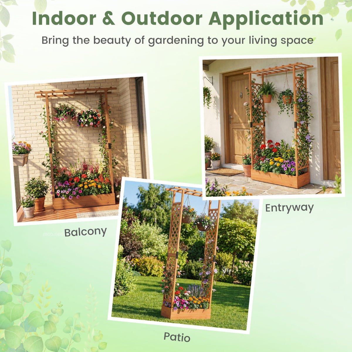 Livsk costway verhoogde houten tuinbak met latwerk en hangend dak afwateringsgaten plantenbak van vurenhout 110 x 35 x 227 cm oranje