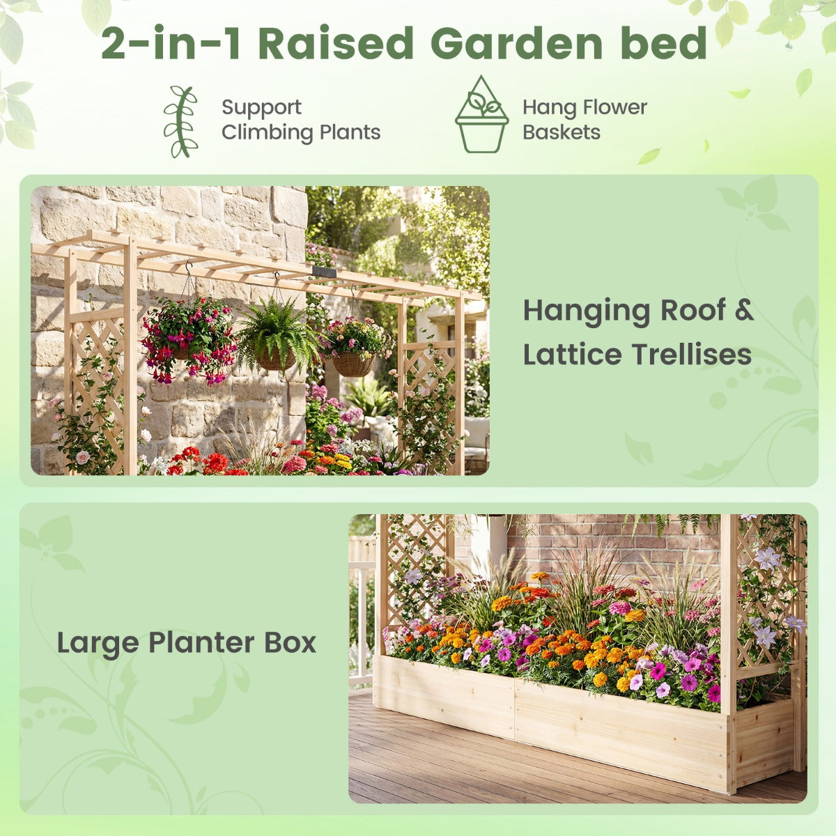 Livsk costway verhoogde houten tuinbak met latwerk en hangend dak afwateringsgaten plantenbak van vurenhout 220 x 35 x 114 cm naturel
