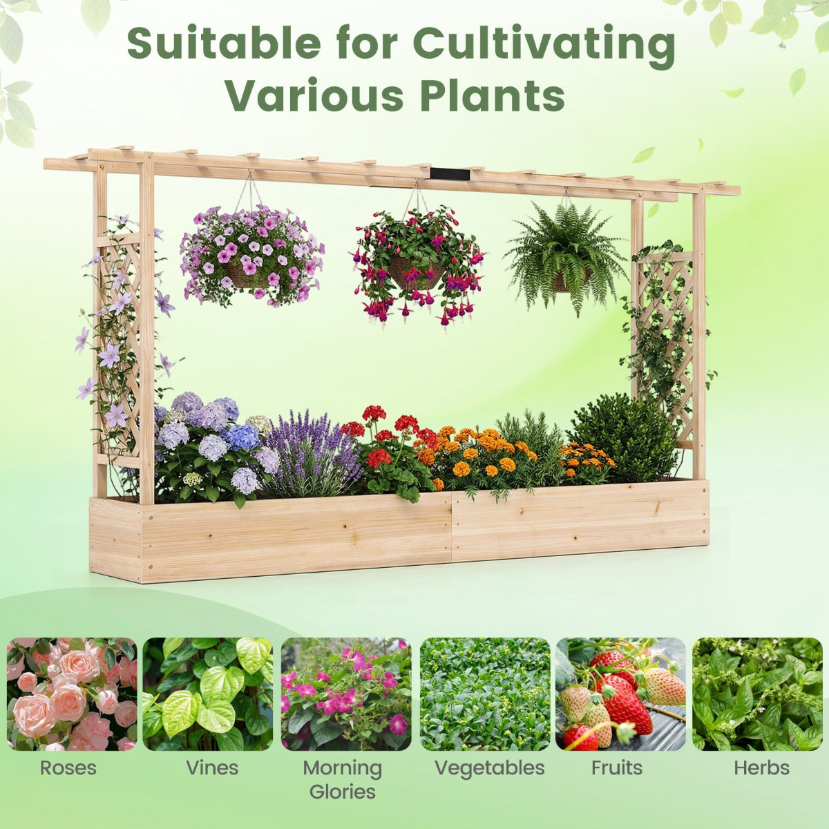 Livsk costway verhoogde houten tuinbak met latwerk en hangend dak afwateringsgaten plantenbak van vurenhout 220 x 35 x 114 cm naturel