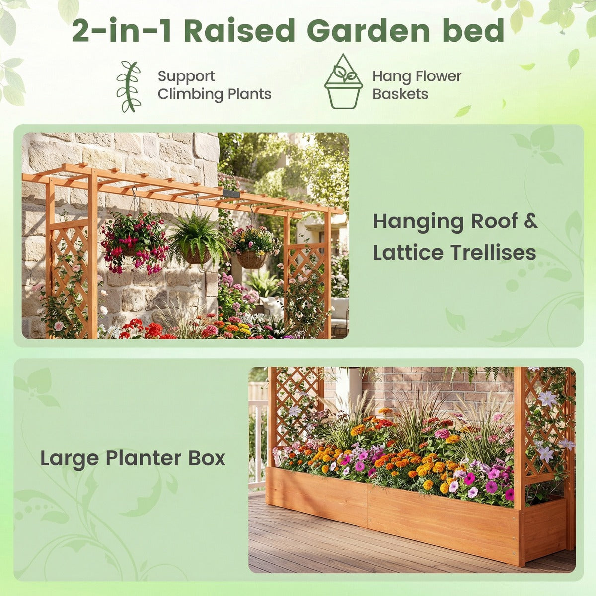 Livsk costway verhoogde houten tuinbak met latwerk en hangend dak afwateringsgaten plantenbak van vurenhout 220 x 35 x 114 cm oranje