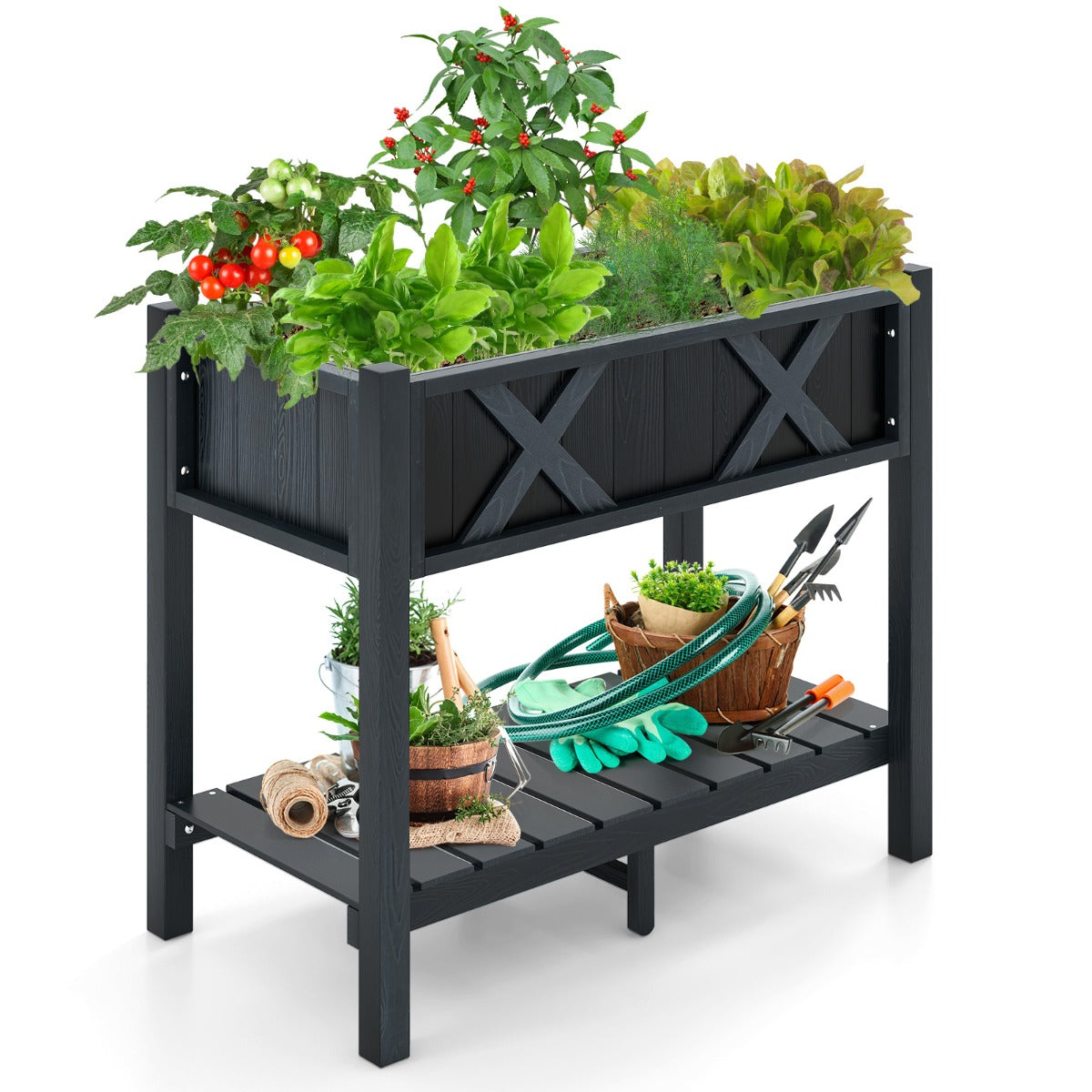 LIVSK Verhoogd Tuinbed HIPS - Waterdicht met Onderste Opbergplank - 12 Drainagegaten - 86 x 45 x 73 cm - Zwart