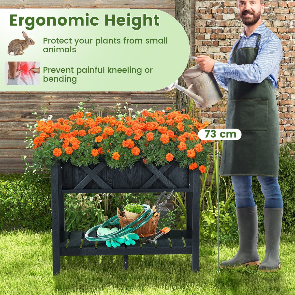 LIVSK Verhoogd Tuinbed HIPS - Waterdicht met Onderste Opbergplank - 12 Drainagegaten - 86 x 45 x 73 cm - Zwart