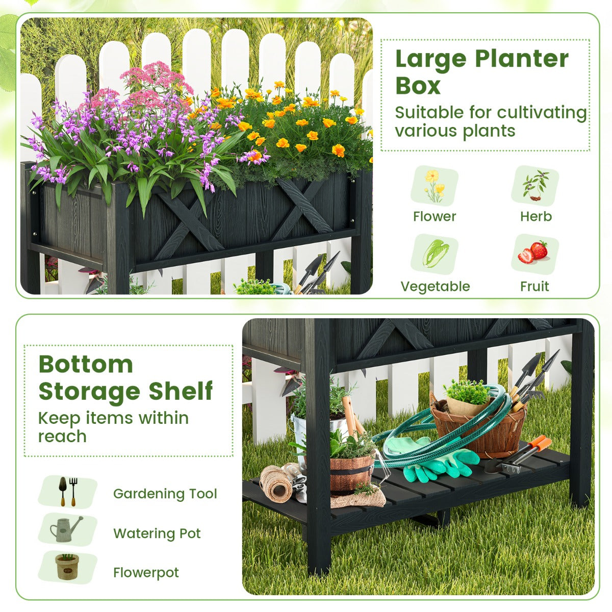 LIVSK Verhoogd Tuinbed HIPS - Waterdicht met Onderste Opbergplank - 12 Drainagegaten - 86 x 45 x 73 cm - Zwart