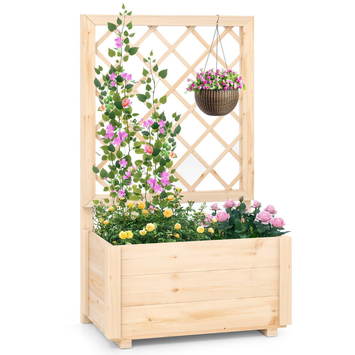 LIVSK Verhoogde Houten Plantenbak met Trellis - 100% Grenenhout - Efficiënt Drainagesysteem - Voor Binnen en Buiten - 98 x 35 x