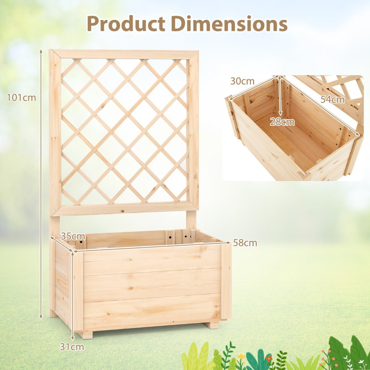 LIVSK Verhoogde Houten Plantenbak met Trellis - 100% Grenenhout - Efficiënt Drainagesysteem - Voor Binnen en Buiten - 98 x 35 x