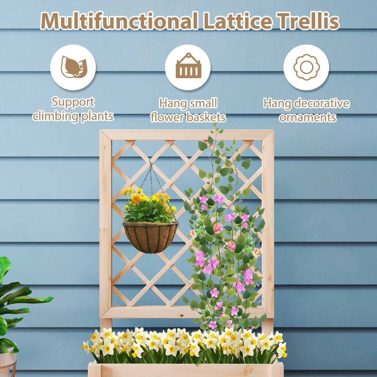 LIVSK Verhoogde Houten Plantenbak met Trellis - 100% Grenenhout - Efficiënt Drainagesysteem - Voor Binnen en Buiten - 98 x 35 x