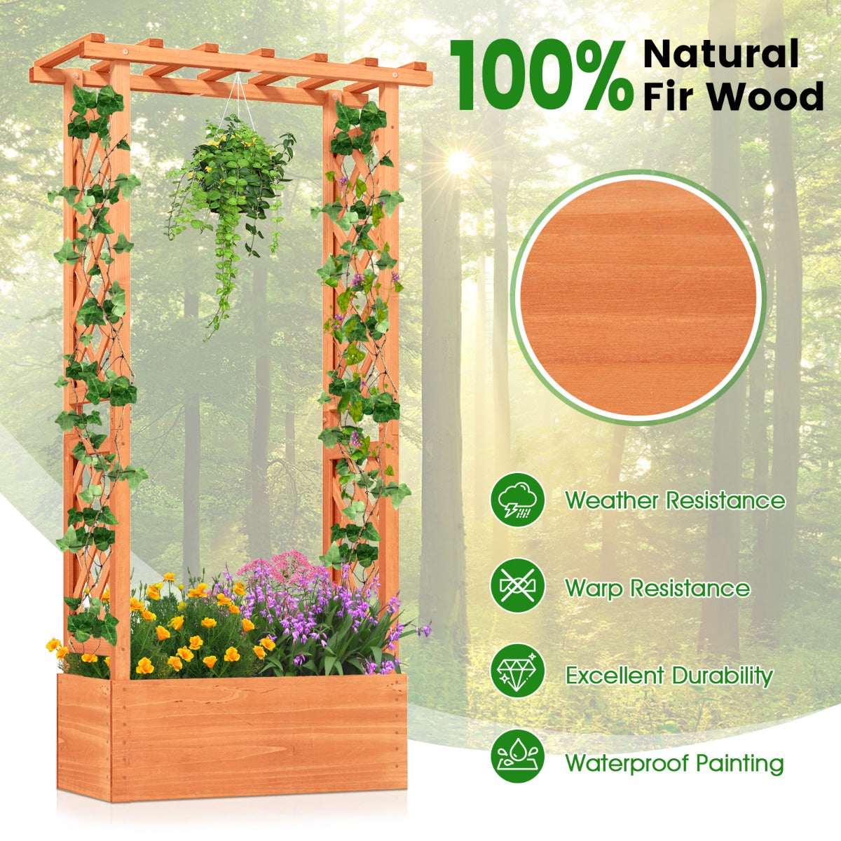 LIVSK Verhoogde Plantenbak van Dennenhout - Duurzaam en Decoratief - Ruim Plantvak voor Klimplanten - 66 x 32 x 152 cm - Oranje