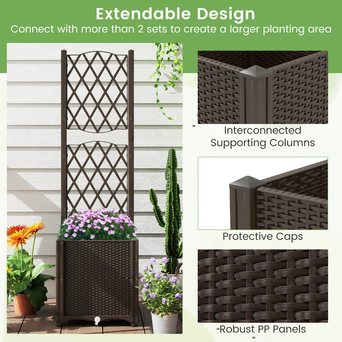 LIVSK 2-in-1 Verhoogde Tuinbak met Verticale Schutting - Zelfbewateringssysteem - Eenvoudige Montage - 40 x 40 x 140 cm - Koffie