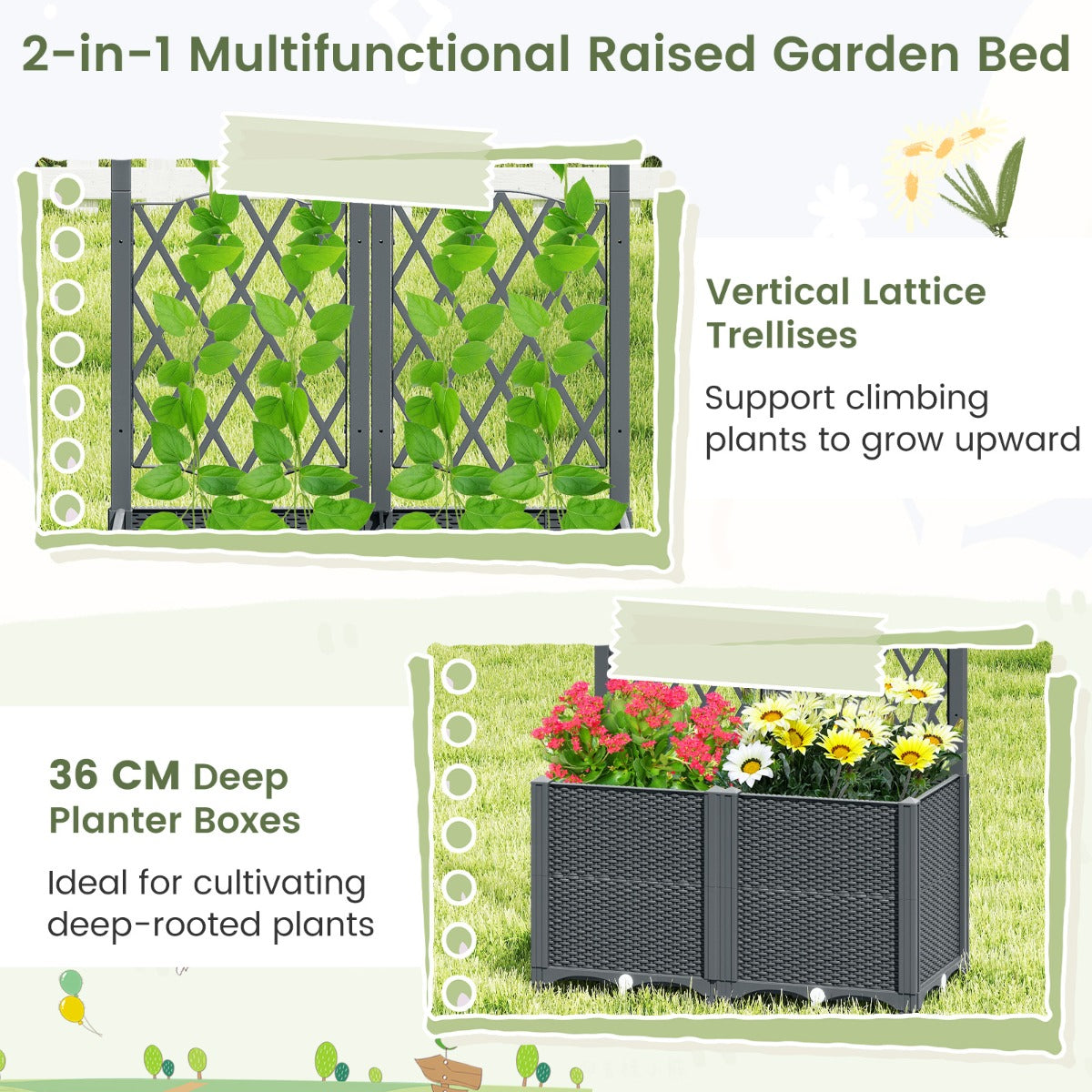LIVSK 2-in-1 Verhoogd Tuinbed met Verticale Schutting - Zelfbewateringssysteem - Uitbreidbaar - Duurzaam - 80 x 40 x 140 cm -