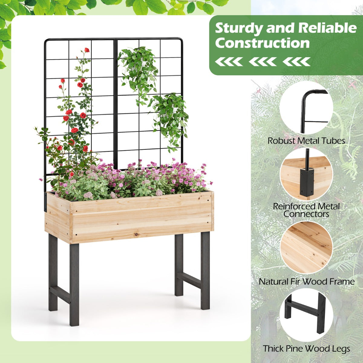 LIVSK Verhoogde Houten Plantenbak met Trellis - Ruim Kweekoppervlak - Ergonomisch Ontwerp - Duurzaam Dennenhout - Natuurlijk