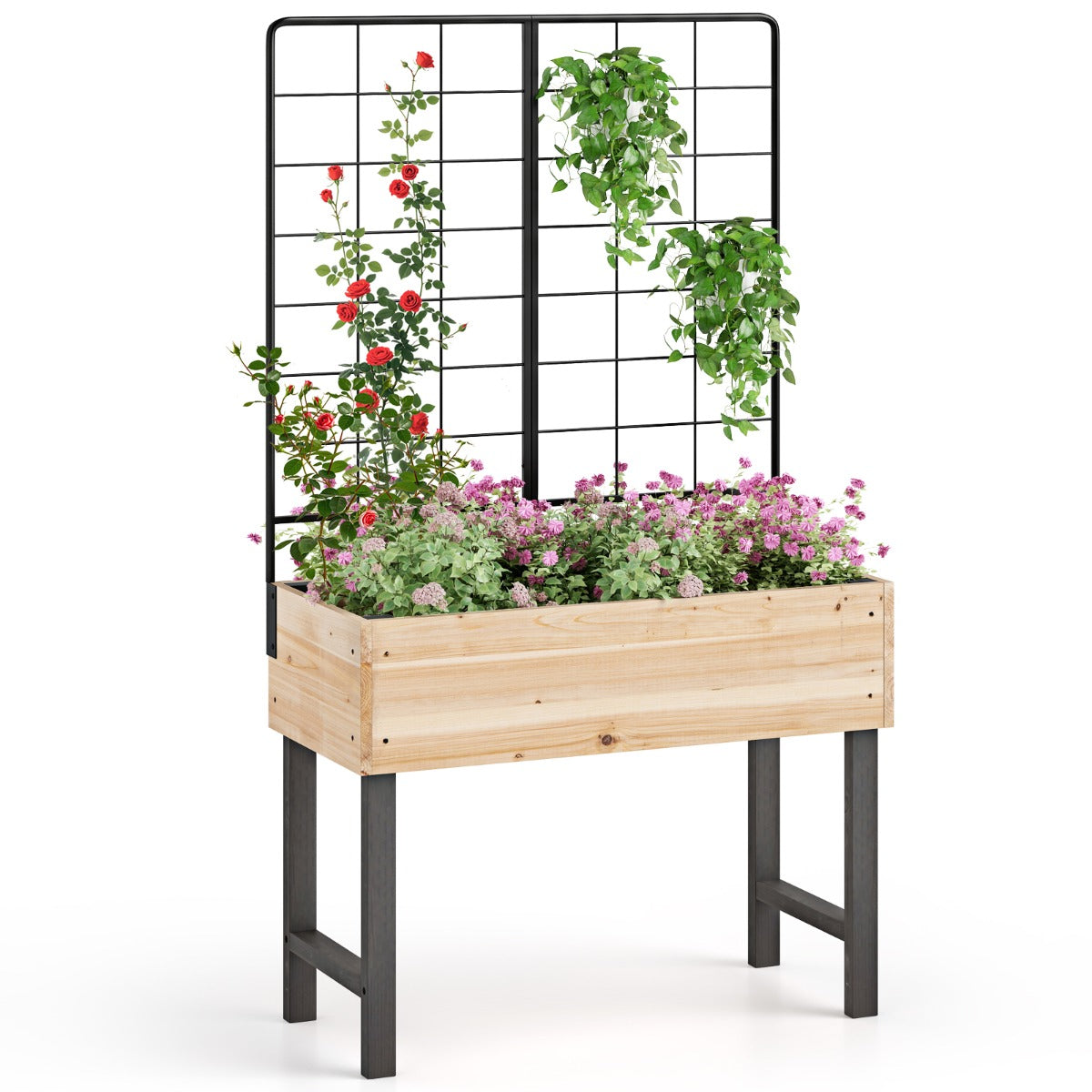 LIVSK Verhoogde Houten Plantenbak met Trellis - Ruim Kweekoppervlak - Ergonomisch Ontwerp - Duurzaam Dennenhout - Natuurlijk