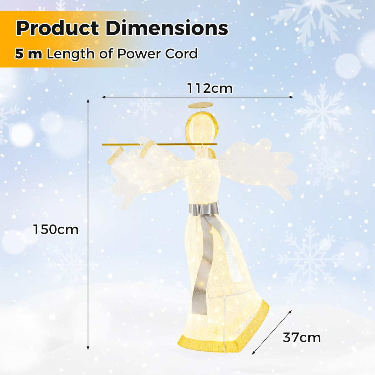 LIVSK Gloeiende Engel Kerstdecoratie - 100 LED-lampjes - Weerbestendig Metaal - Inclusief Accessoires - 150 cm - Wit + Goud