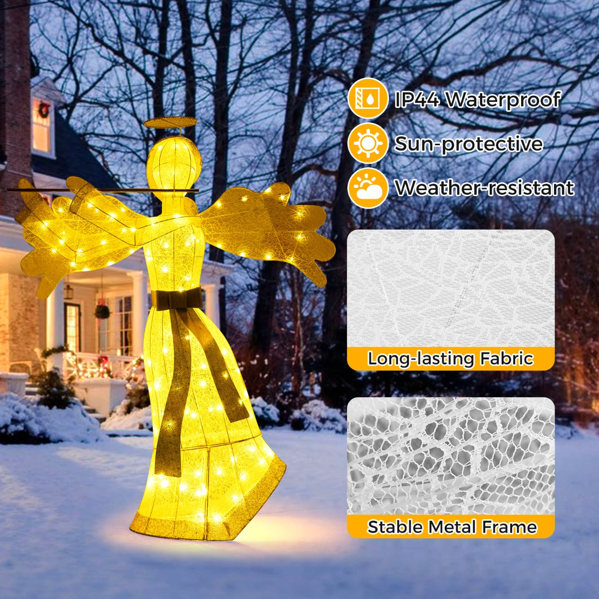 LIVSK Gloeiende Engel Kerstdecoratie - 100 LED-lampjes - Weerbestendig Metaal - Inclusief Accessoires - 150 cm - Wit + Goud