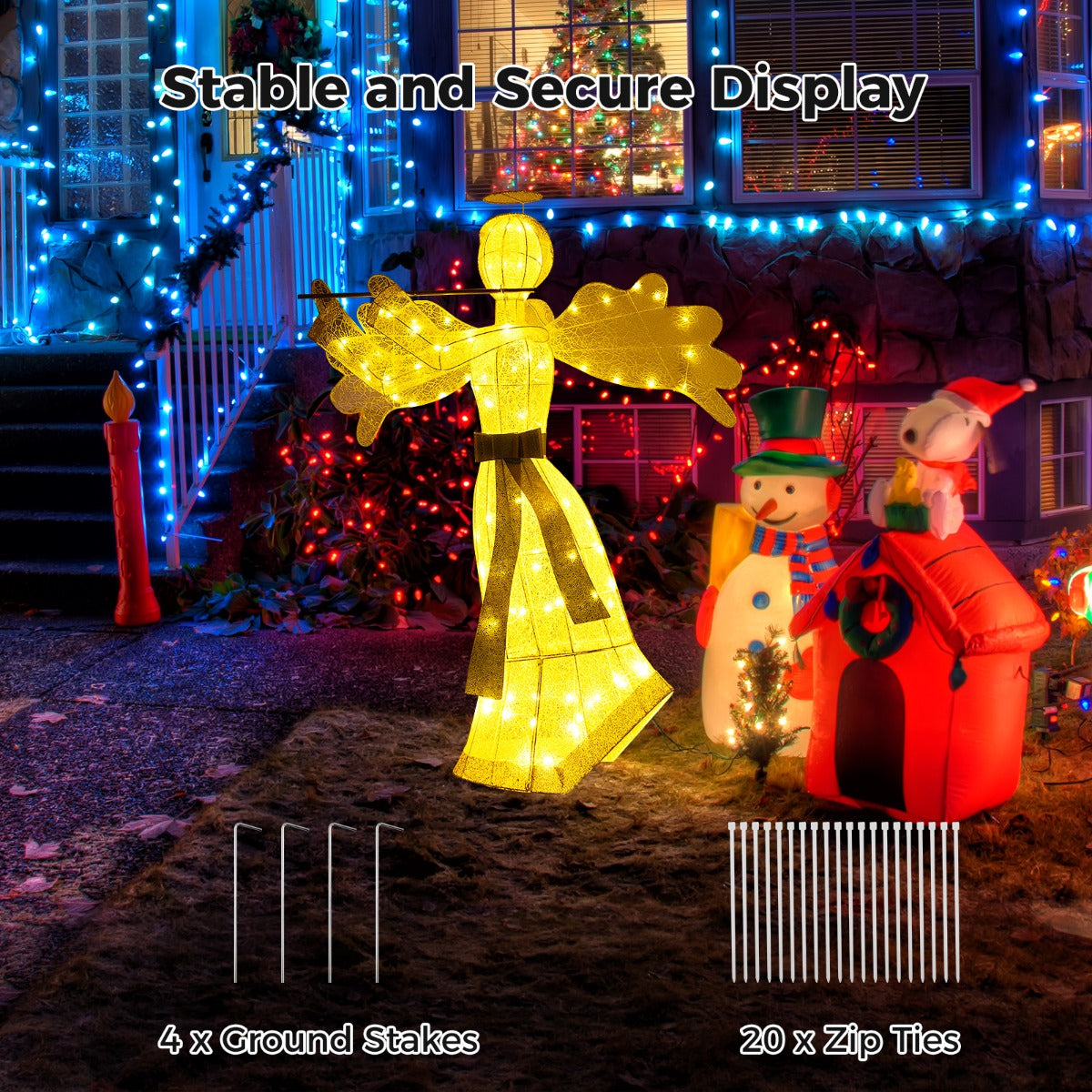 LIVSK Gloeiende Engel Kerstdecoratie - 100 LED-lampjes - Weerbestendig Metaal - Inclusief Accessoires - 150 cm - Wit + Goud