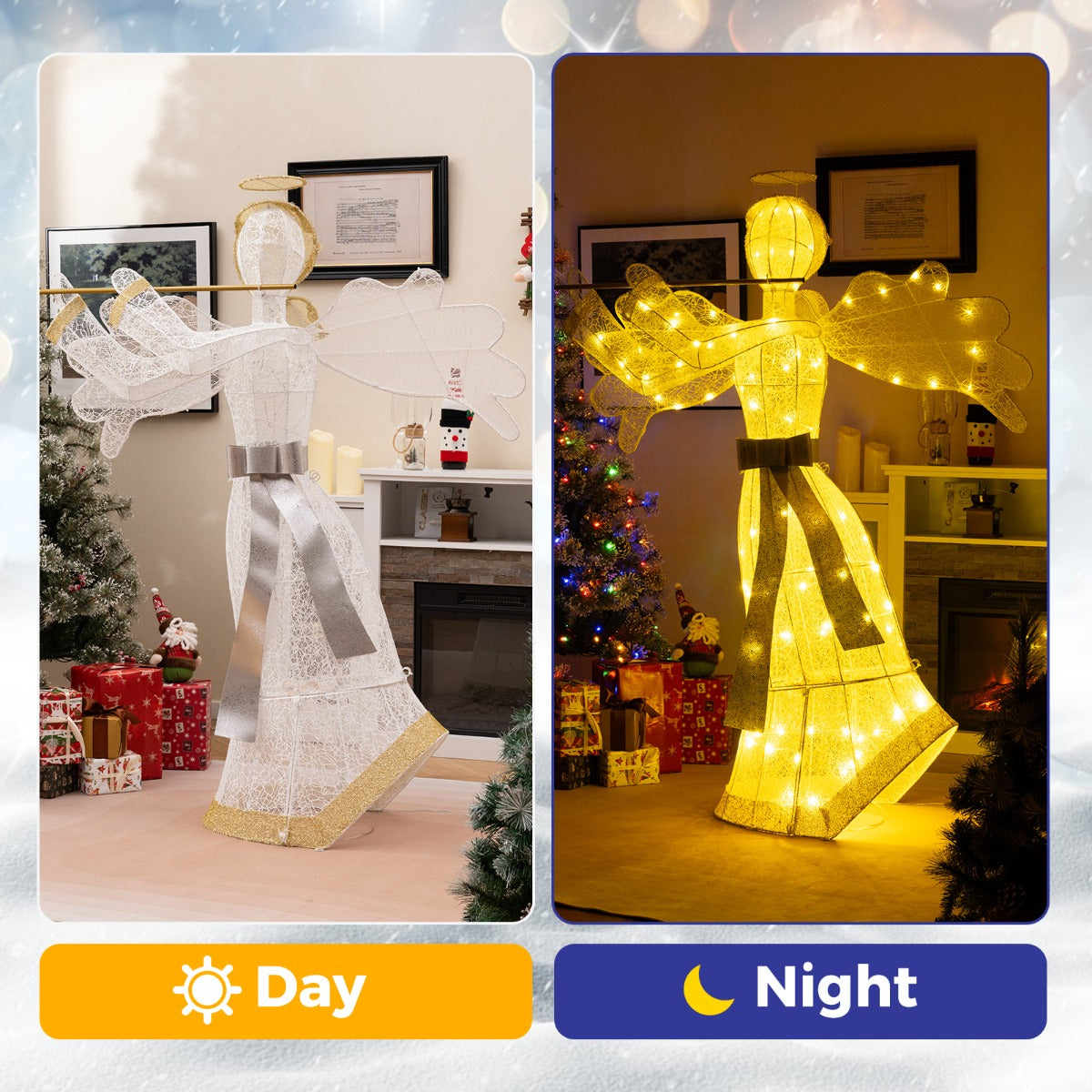 LIVSK Gloeiende Engel Kerstdecoratie - 100 LED-lampjes - Weerbestendig Metaal - Inclusief Accessoires - 150 cm - Wit + Goud