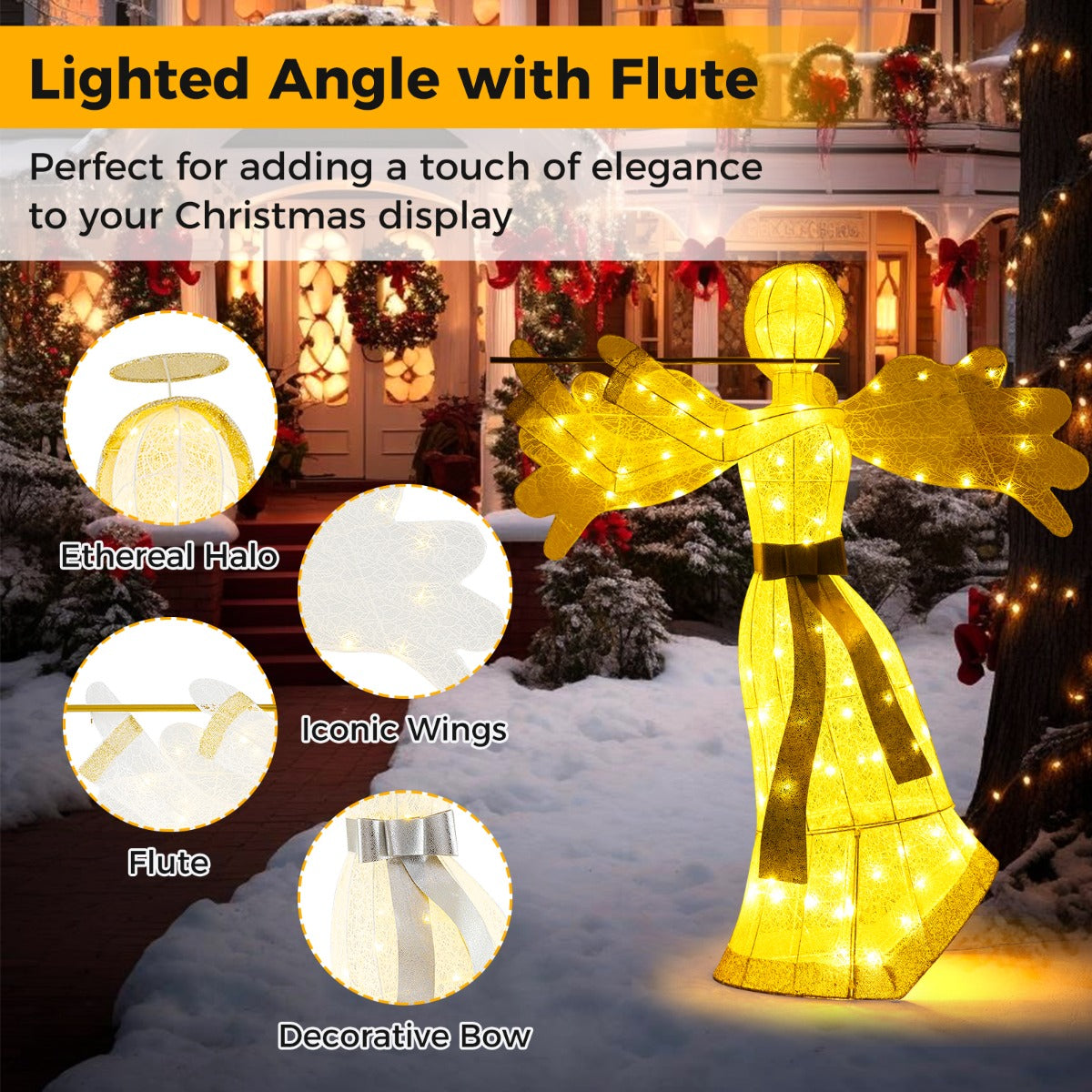 LIVSK Gloeiende Engel Kerstdecoratie - 100 LED-lampjes - Weerbestendig Metaal - Inclusief Accessoires - 150 cm - Wit + Goud