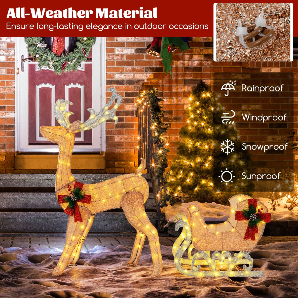 LIVSK Voorverlichte Rendier en Slee - 100 Warm Witte LED-lampjes - Waterdicht - Eenvoudige Montage - Stabiele Constructie - Goud