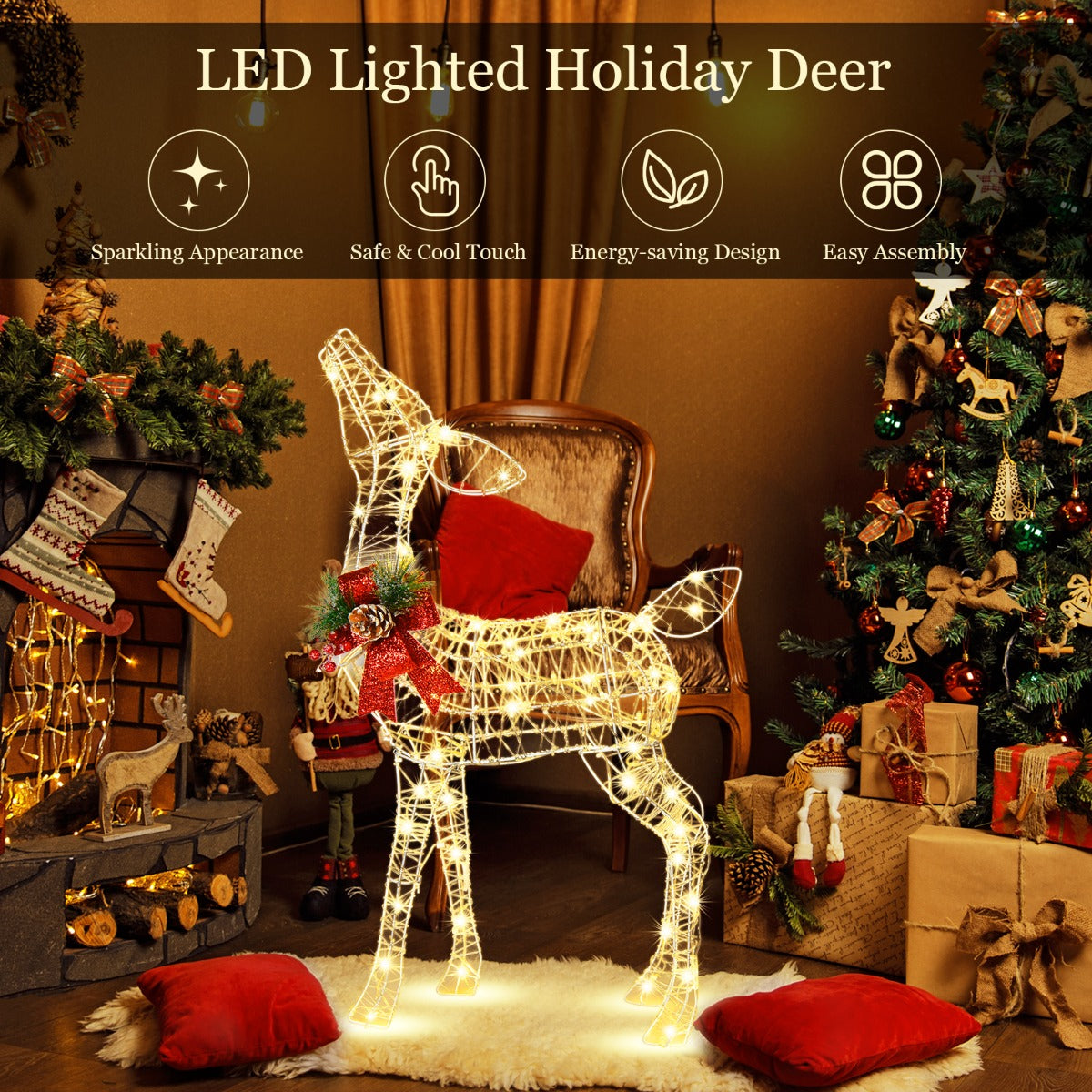 LIVSK Verlichte Rendier Tuindecoratie - 50 LED-lampen - Roestvrij Metalen Frame - 4 Grondankers - 52 x 20 x 88 cm - Zoals