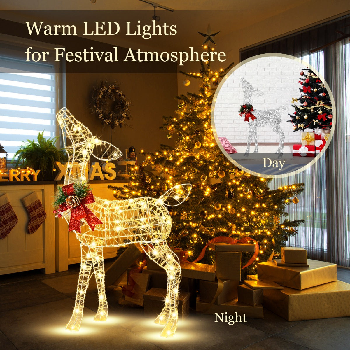 LIVSK Verlichte Rendier Tuindecoratie - 50 LED-lampen - Roestvrij Metalen Frame - 4 Grondankers - 52 x 20 x 88 cm - Zoals
