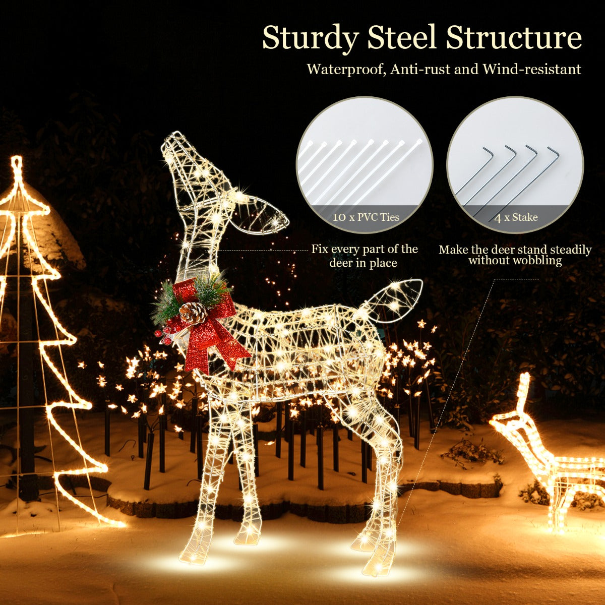 LIVSK Verlichte Rendier Tuindecoratie - 50 LED-lampen - Roestvrij Metalen Frame - 4 Grondankers - 52 x 20 x 88 cm - Zoals