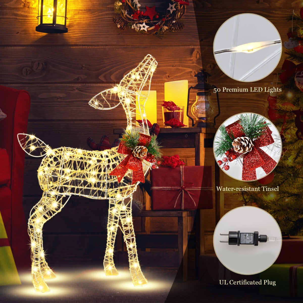 LIVSK Verlichte Rendier Tuindecoratie - 50 LED-lampen - Roestvrij Metalen Frame - 4 Grondankers - 52 x 20 x 88 cm - Zoals