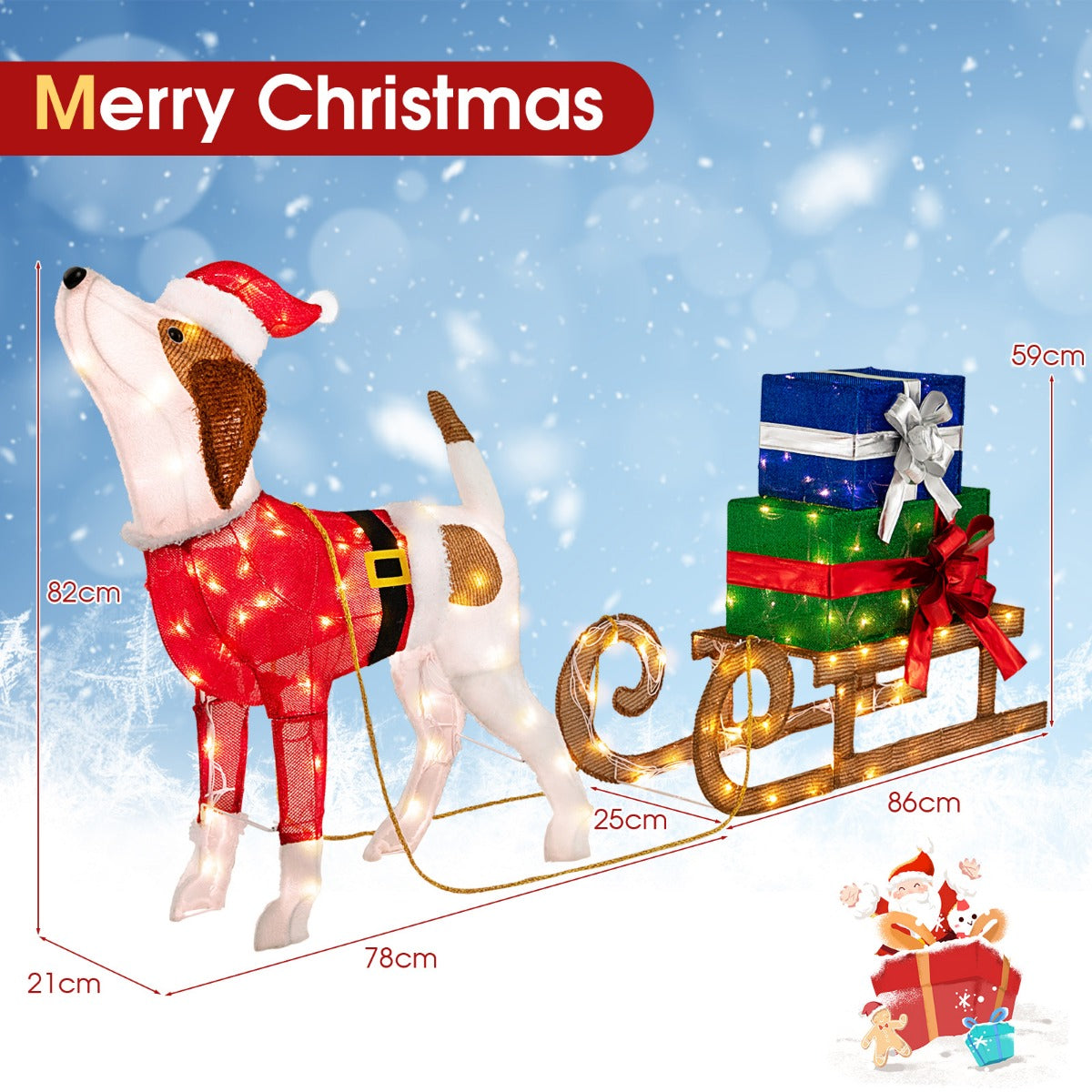 LIVSK Verlichte Kerstdecoratieset - Schattige Hond en Cadeauslee - 170 LED-lampjes - Duurzaam en Weerbestendig - Veelkleurig