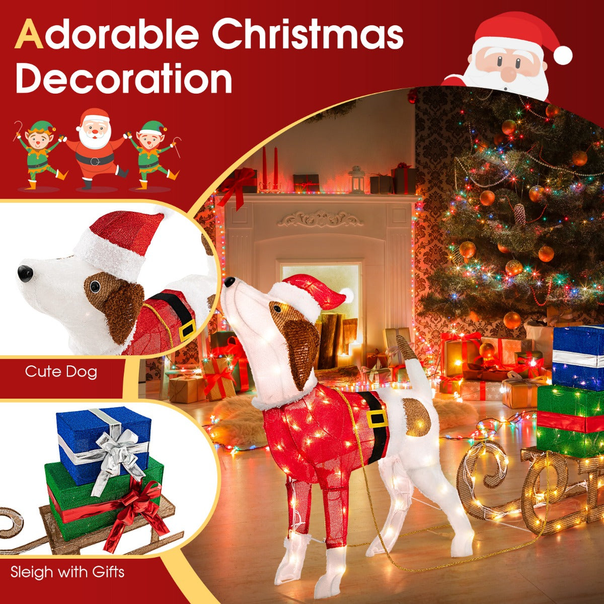 LIVSK Verlichte Kerstdecoratieset - Schattige Hond en Cadeauslee - 170 LED-lampjes - Duurzaam en Weerbestendig - Veelkleurig
