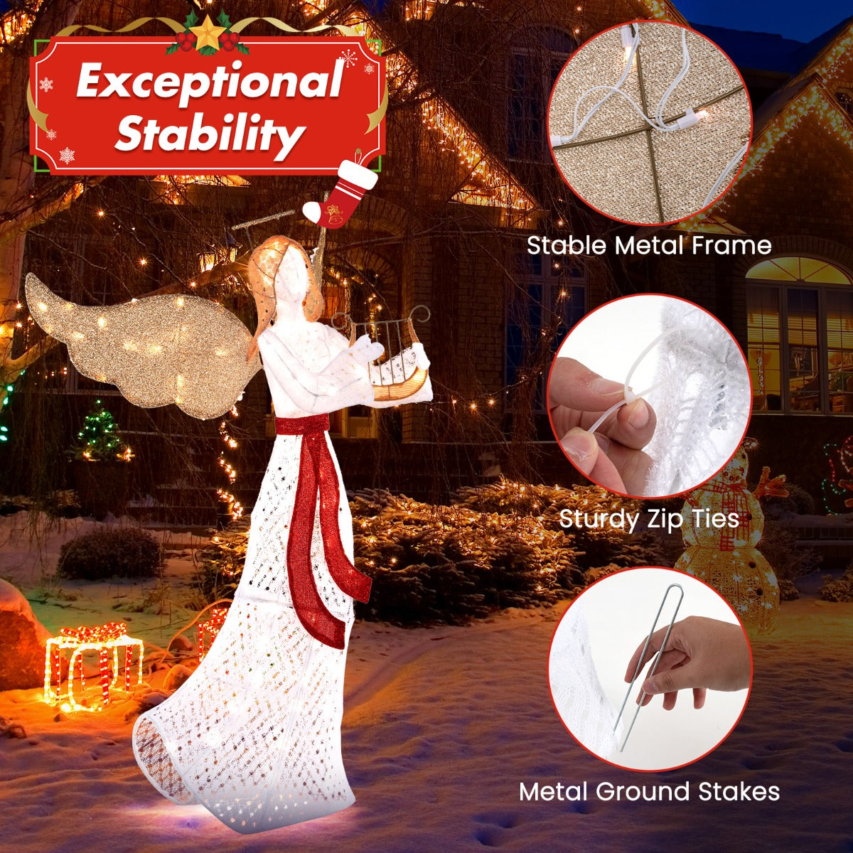 LIVSK Verlichte Kerstengel met Harp - 120 LED-lampen - Weerbestendig - Hoogte 150 cm - Magische Decoratie - Warmwit