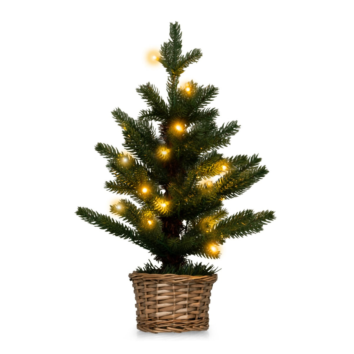 LIVSK Kunstmatige Minikerstboom in Pot - 96 Takuiteinden - 20 Warmwitte LED-lampjes - Timer - Rieten Basis - Groen