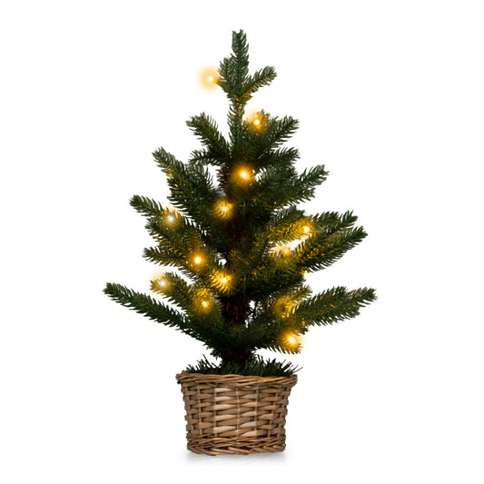LIVSK Kunstmatige Minikerstboom in Pot - 96 Takuiteinden - 20 Warmwitte LED-lampjes - Timer - Rieten Basis - Groen