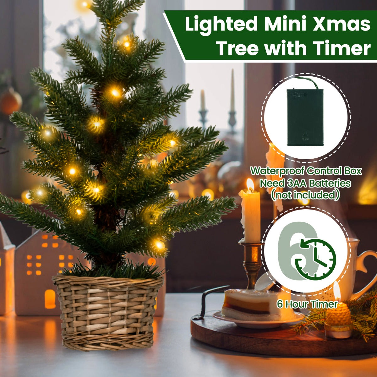 LIVSK Kunstmatige Minikerstboom in Pot - 96 Takuiteinden - 20 Warmwitte LED-lampjes - Timer - Rieten Basis - Groen