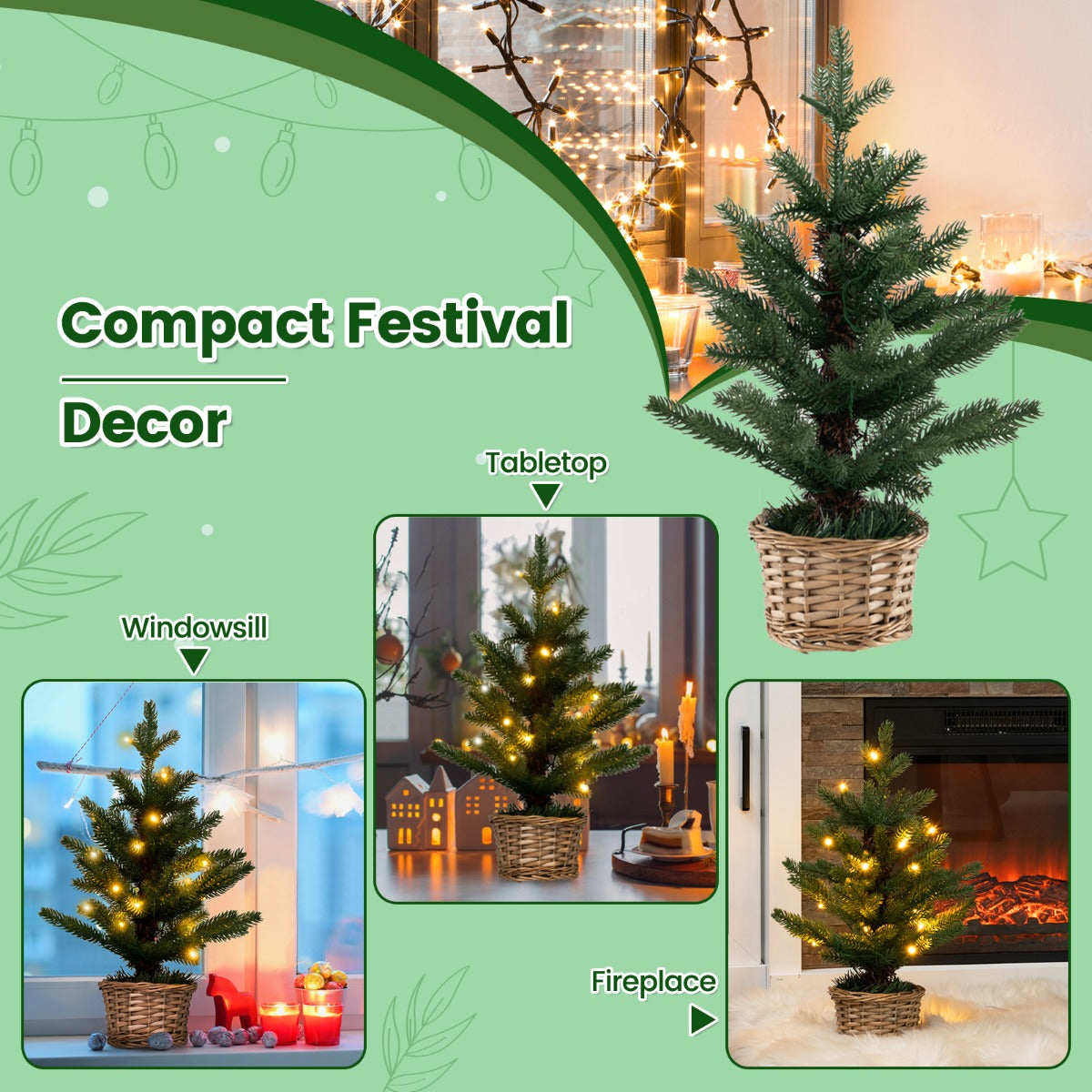LIVSK Kunstmatige Minikerstboom in Pot - 96 Takuiteinden - 20 Warmwitte LED-lampjes - Timer - Rieten Basis - Groen