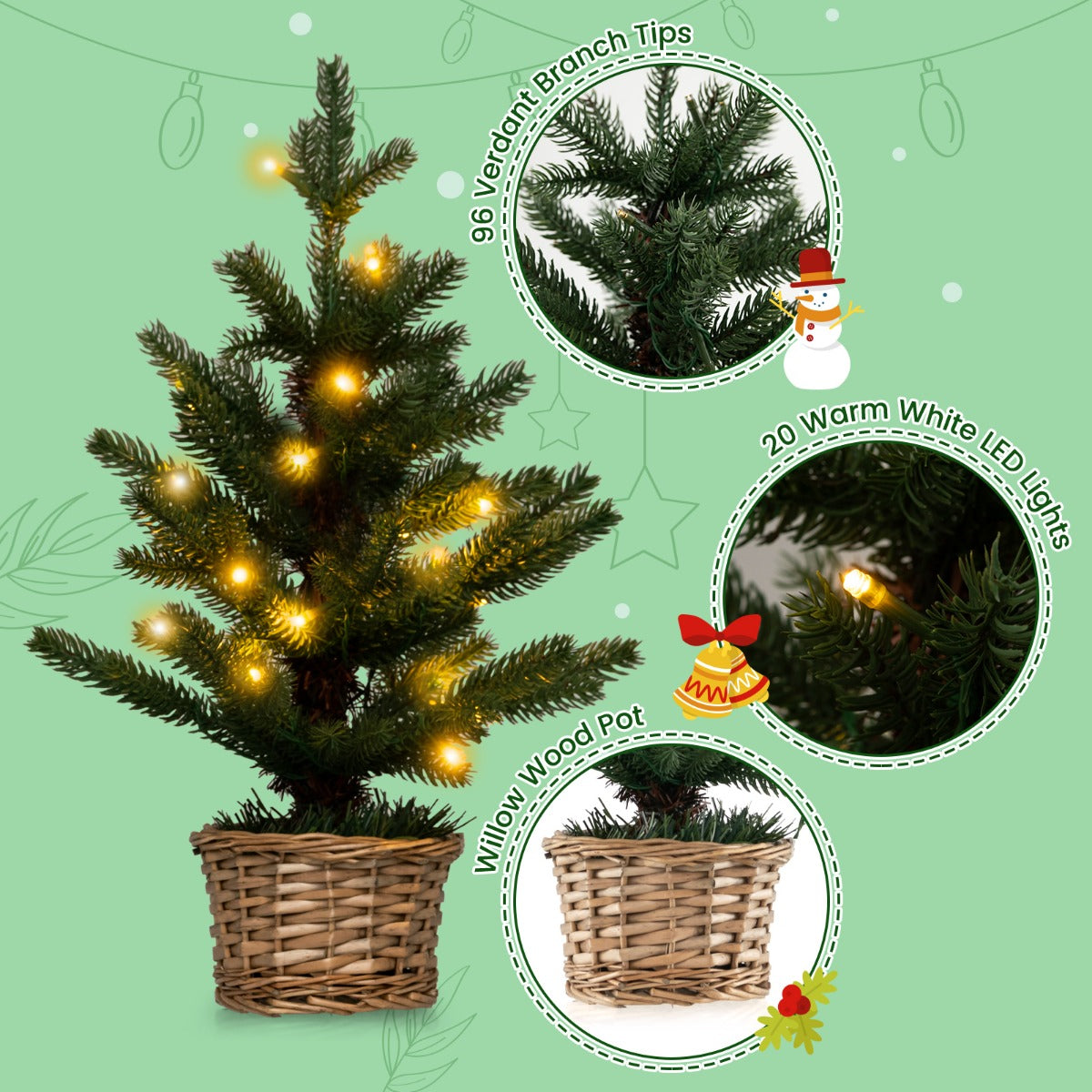 LIVSK Kunstmatige Minikerstboom in Pot - 96 Takuiteinden - 20 Warmwitte LED-lampjes - Timer - Rieten Basis - Groen