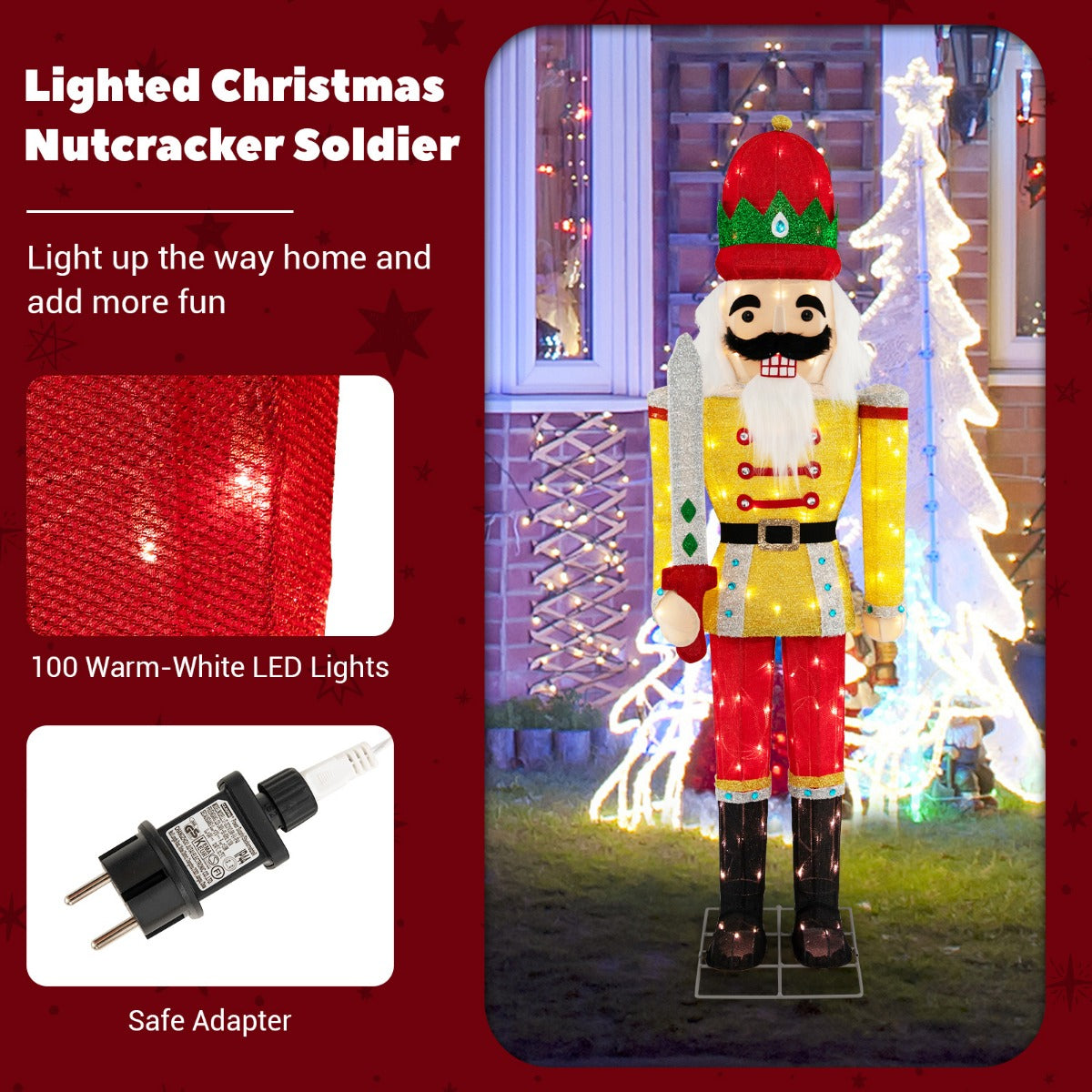 LIVSK Kerstnotenkraker Soldaat - Verlichte Figuur met 100 LED-lampjes - Voor Binnen en Buiten - 166 cm Hoog - Geel/Rood