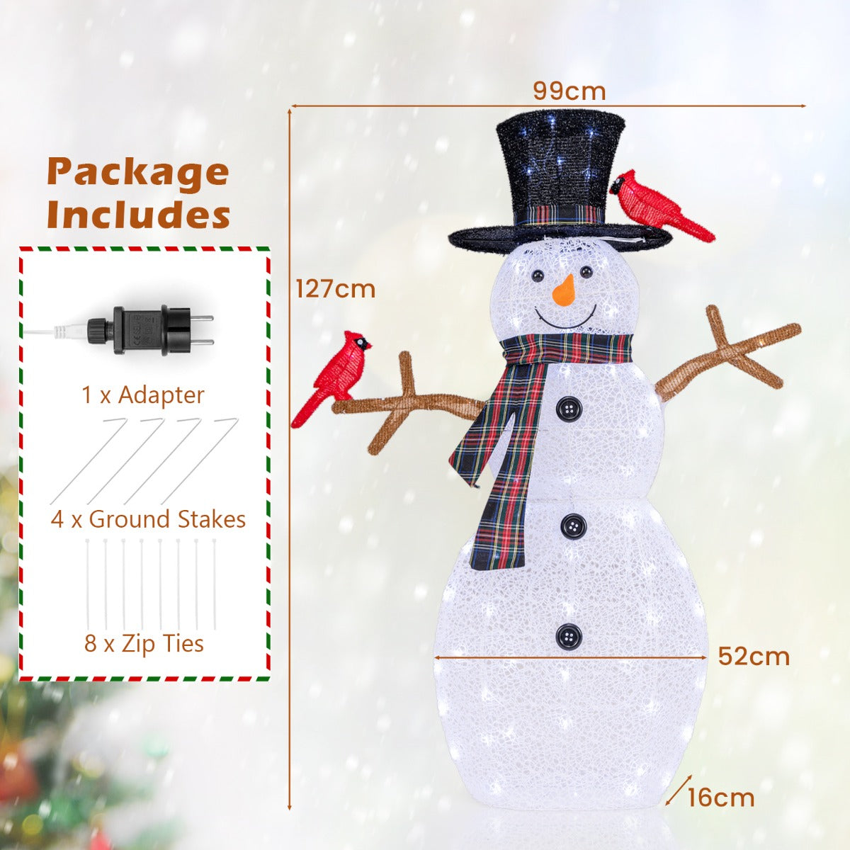 LIVSK Verlichte Kerstdecoratie Sneeuwpop met Rode Vogels - 70 Koelwitte LED-lampjes - Inclusief Grondpinnen - 99 x 16 x 127 cm -
