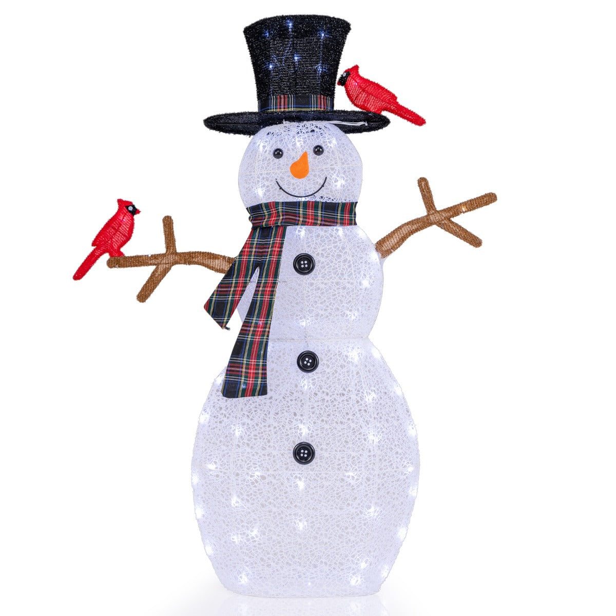 LIVSK Verlichte Kerstdecoratie Sneeuwpop met Rode Vogels - 70 Koelwitte LED-lampjes - Inclusief Grondpinnen - 99 x 16 x 127 cm -