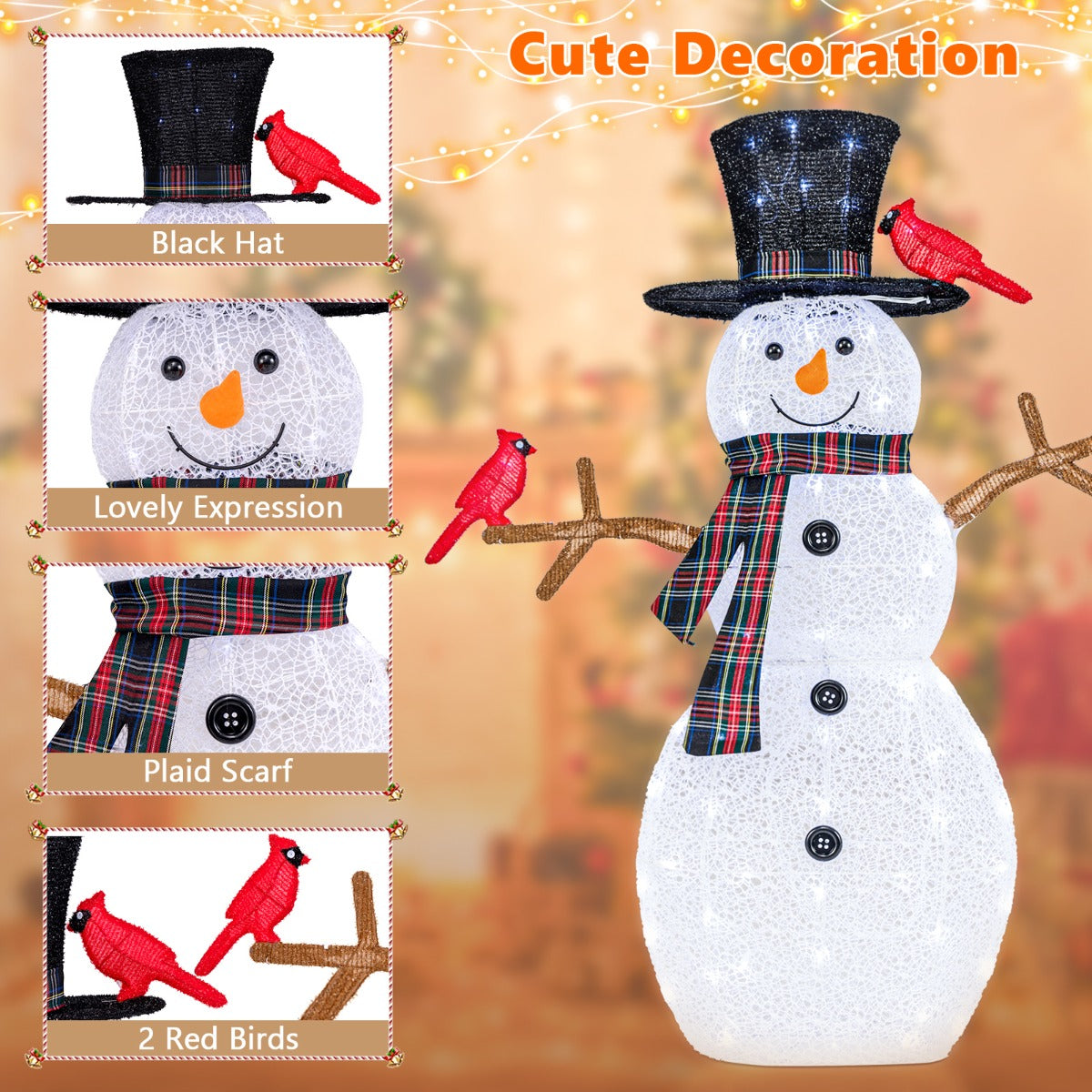 LIVSK Verlichte Kerstdecoratie Sneeuwpop met Rode Vogels - 70 Koelwitte LED-lampjes - Inclusief Grondpinnen - 99 x 16 x 127 cm -