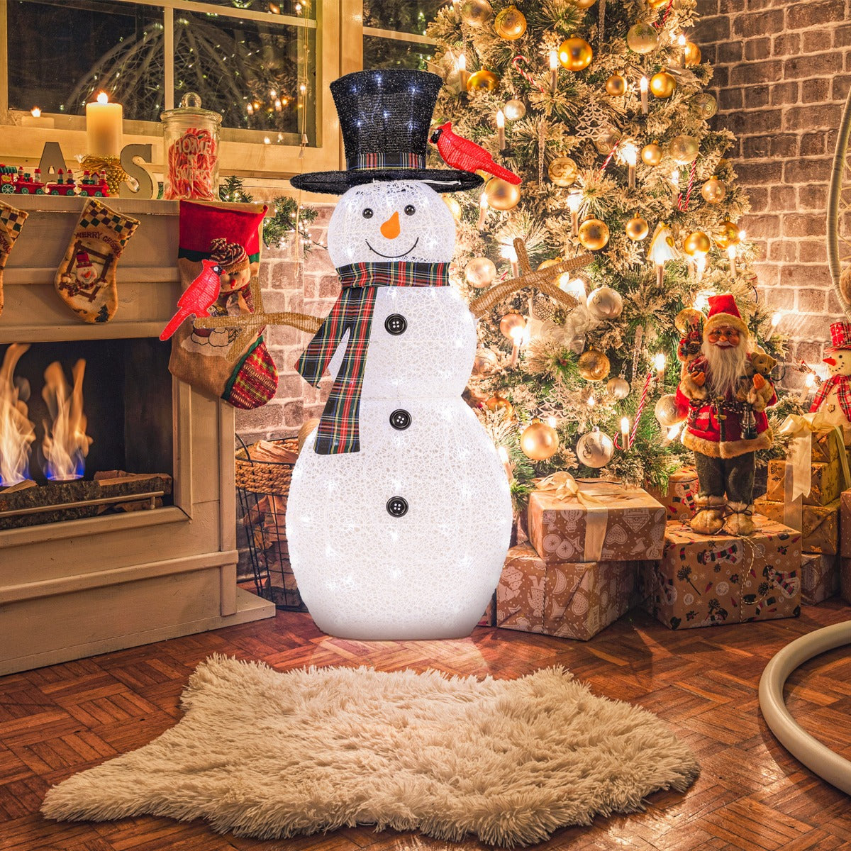 LIVSK Verlichte Kerstdecoratie Sneeuwpop met Rode Vogels - 70 Koelwitte LED-lampjes - Inclusief Grondpinnen - 99 x 16 x 127 cm -