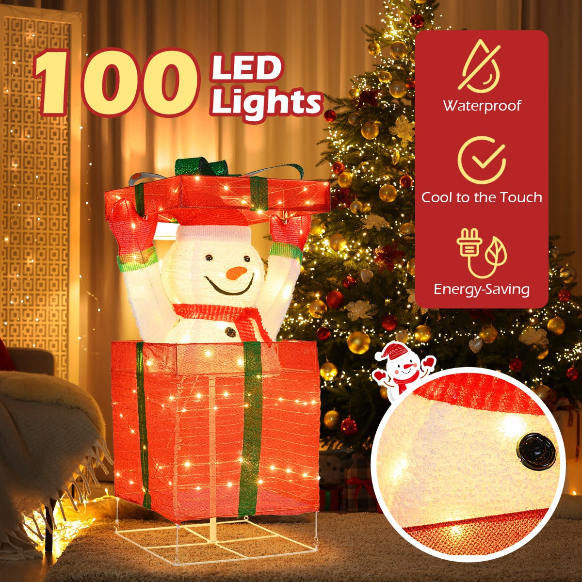 Livsk costway verlichte sneeuwpop in geschenkdoos 3d kerstversiering voorverlichte pop up sneeuwpop met 100 warmwitte led lampjes 3