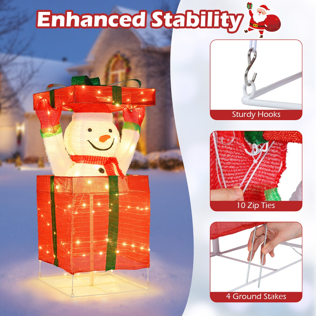 Livsk costway verlichte sneeuwpop in geschenkdoos 3d kerstversiering voorverlichte pop up sneeuwpop met 100 warmwitte led lampjes 4