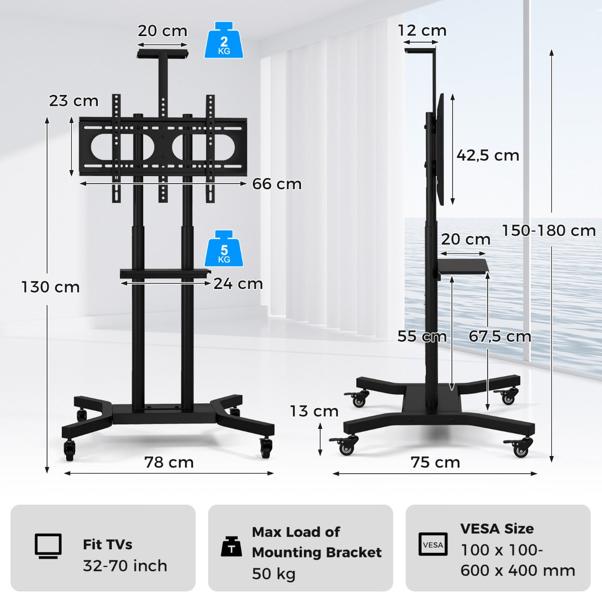 LIVSK Mobiele TV-standaard - Verrijdbaar voor 32"-70" TV's - 8 Hoogtes - Cameraplank - Kabelbeheer - Tot 50 kg - Zwart