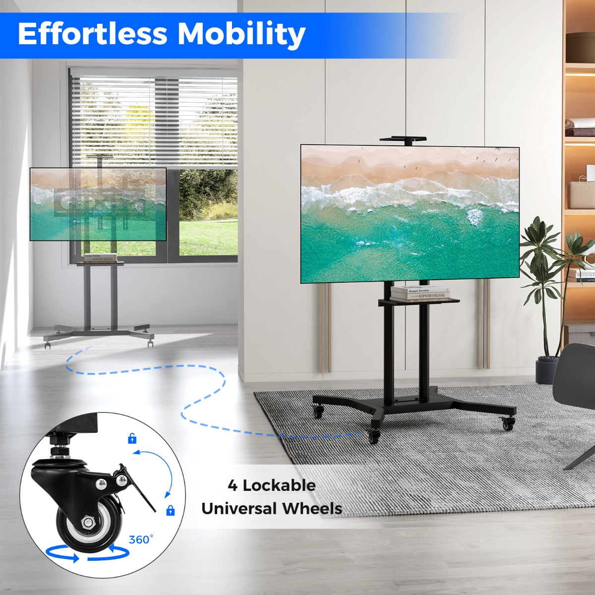 LIVSK Mobiele TV-standaard - Verrijdbaar voor 32"-70" TV's - 8 Hoogtes - Cameraplank - Kabelbeheer - Tot 50 kg - Zwart