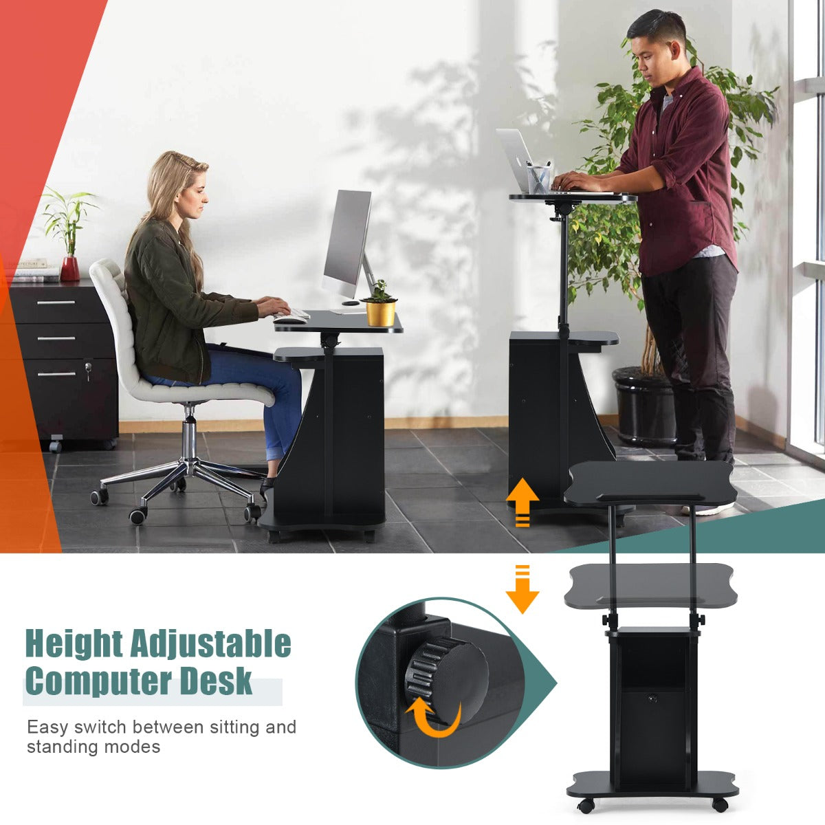 LIVSK Ergonomisch Verstelbaar Computerbureau - Hoogte en Hoek Verstelbaar - Antislip - Opbergkast - 55 x 40 x 68-114 cm - Zwart