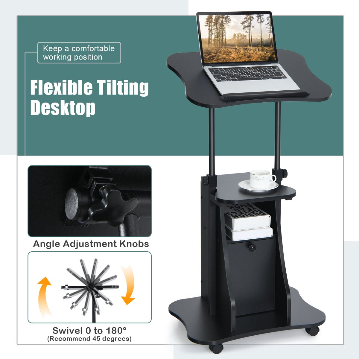 LIVSK Ergonomisch Verstelbaar Computerbureau - Hoogte en Hoek Verstelbaar - Antislip - Opbergkast - 55 x 40 x 68-114 cm - Zwart