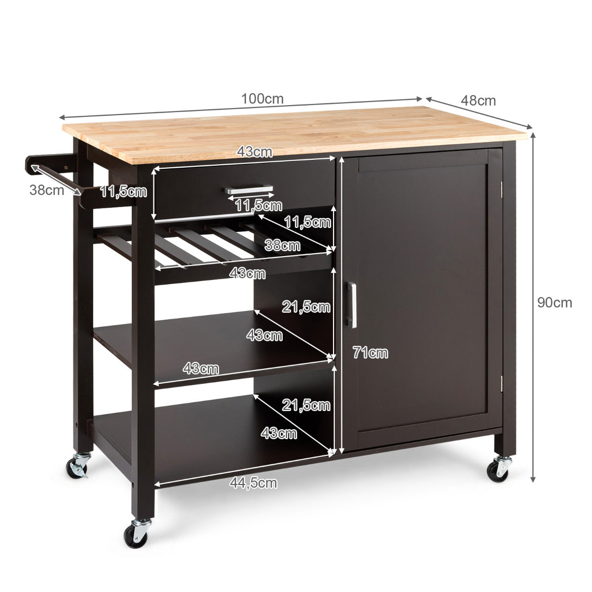LIVSK Keukentrolley - Groot Houten Blad - Draagvermogen 136 kg - Met Lade en Open Schappen - Bruin