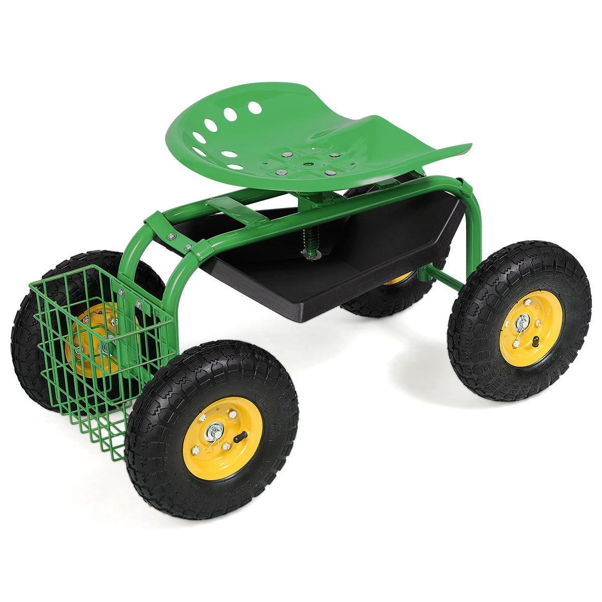 LIVSK Verstelbare Tuinstoel - 360° Draaibaar - Opbergmand - Stevig Metaal - Tot 150 kg - 81 x 44,5 x 46-53 cm - Groen