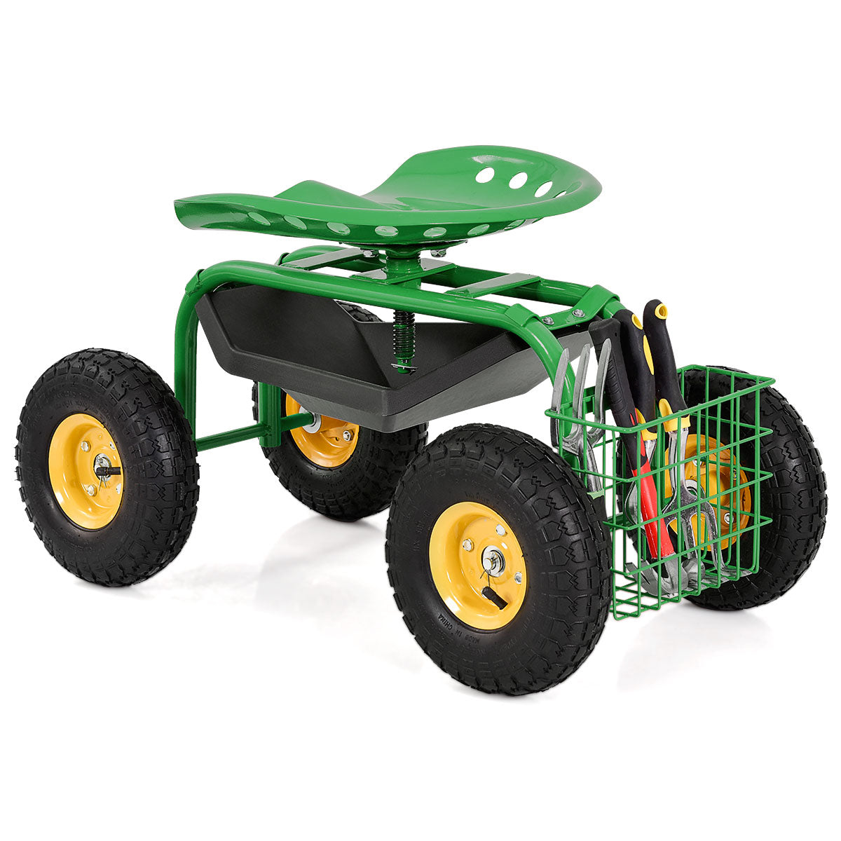 LIVSK Verstelbare Tuinstoel - 360° Draaibaar - Opbergmand - Stevig Metaal - Tot 150 kg - 81 x 44,5 x 46-53 cm - Groen