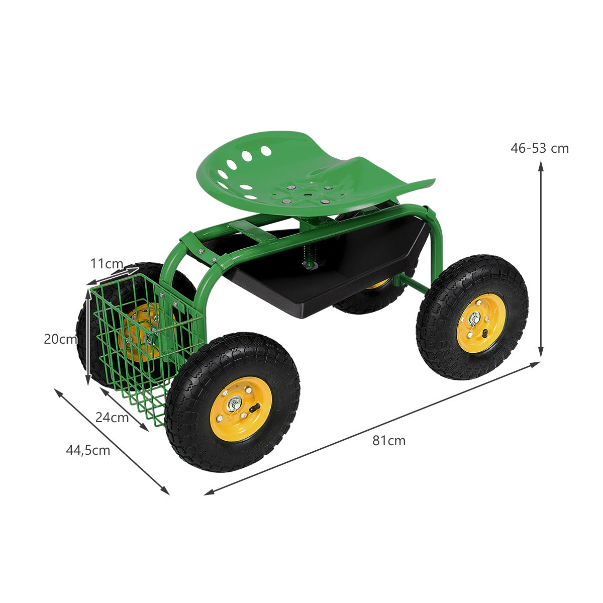 LIVSK Verstelbare Tuinstoel - 360° Draaibaar - Opbergmand - Stevig Metaal - Tot 150 kg - 81 x 44,5 x 46-53 cm - Groen
