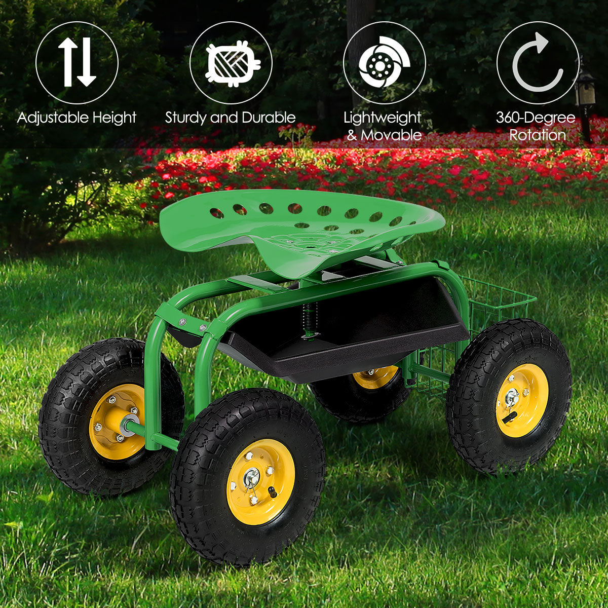 LIVSK Verstelbare Tuinstoel - 360° Draaibaar - Opbergmand - Stevig Metaal - Tot 150 kg - 81 x 44,5 x 46-53 cm - Groen