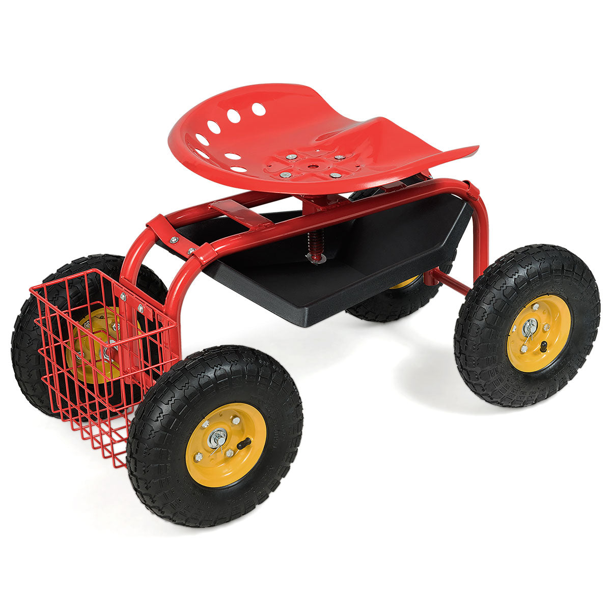 LIVSK Verrijdbare Tuinstoel - Verstelbare Hoogte - 360° Draaibaar - Gereedschapsbak - Tot 150 kg - Rood